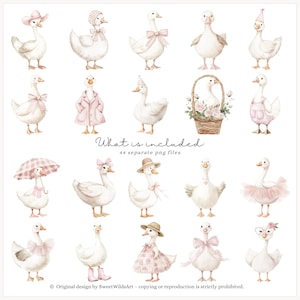 May include: A collection of watercolour illustrations featuring white geese adorned in various outfits. Some wear hats, bows, and dresses, while others hold umbrellas or are in a basket. The text "What is included" and "44 separate png files" is also included.