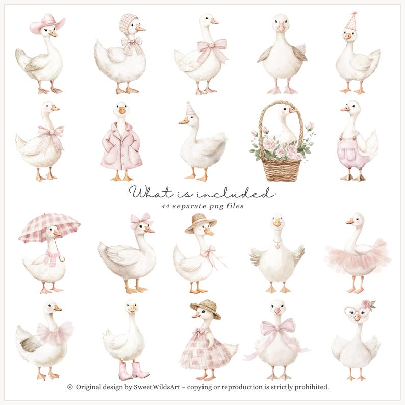 May include: A collection of watercolour illustrations featuring white geese adorned in various outfits. Some wear hats, bows, and dresses, while others hold umbrellas or are in a basket. The text "What is included" and "44 separate png files" is also included.