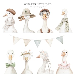 May include: A set of 30 digital illustrations of cute geese with various accessories, including hats, flowers, and scarves. The geese are drawn in a watercolor style and are perfect for creating invitations, cards, or other craft projects.