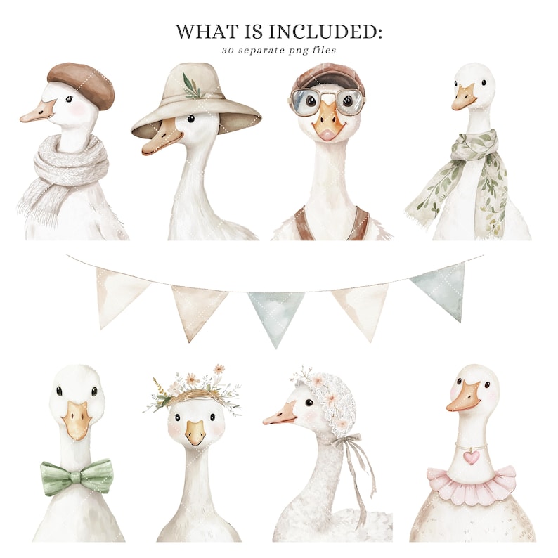 May include: A set of 30 digital illustrations of cute geese with various accessories, including hats, flowers, and scarves. The geese are drawn in a watercolor style and are perfect for creating invitations, cards, or other craft projects.