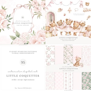 May include: A collection of watercolor digital art featuring floral arrangements, teddy bears, and seamless patterns in soft pink and white hues. The image includes text that reads "LITTLE COQUETTES" and "watercolor digital set".