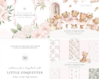 Watercolor Teddy Bear Clipart Set, Little Coquettes Cute Baby Girl Clipart, Pink Nursery PNG, Ballet Bear Clipart, Grandmillennial Digital