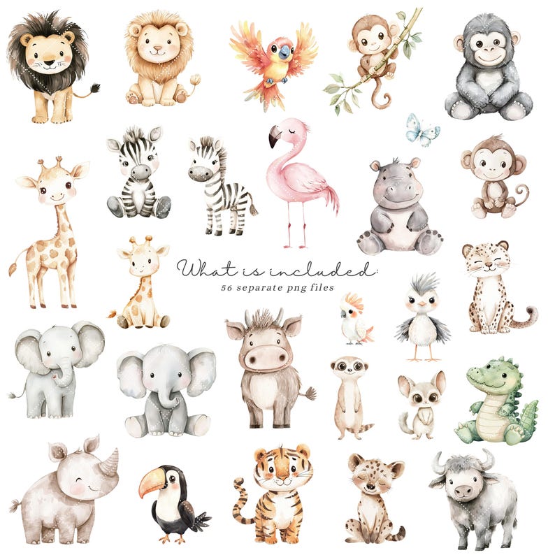 May include: A set of watercolor illustrations featuring various jungle animals, including a giraffe, monkey, tiger, elephant, rhino, toucan, and more. The illustrations are in a whimsical style and are perfect for use in scrapbooking, card making, or other creative projects.