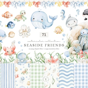 May include: A digital collection of watercolor sea creatures including a whale, dolphin, turtle, octopus, crab, and jellyfish, with the text Seaside Friends 71 watercolor collection 63 png clipart files + 8 jpg seamless files, plus patterned swatches.