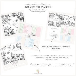 May include: A collection of digital art prints featuring floral arrangements, seamless patterns, and clip art. The prints include various designs, such as roses, butterflies, teddy bears, and balloons. The text on the prints reads "DRAWING PARTY".