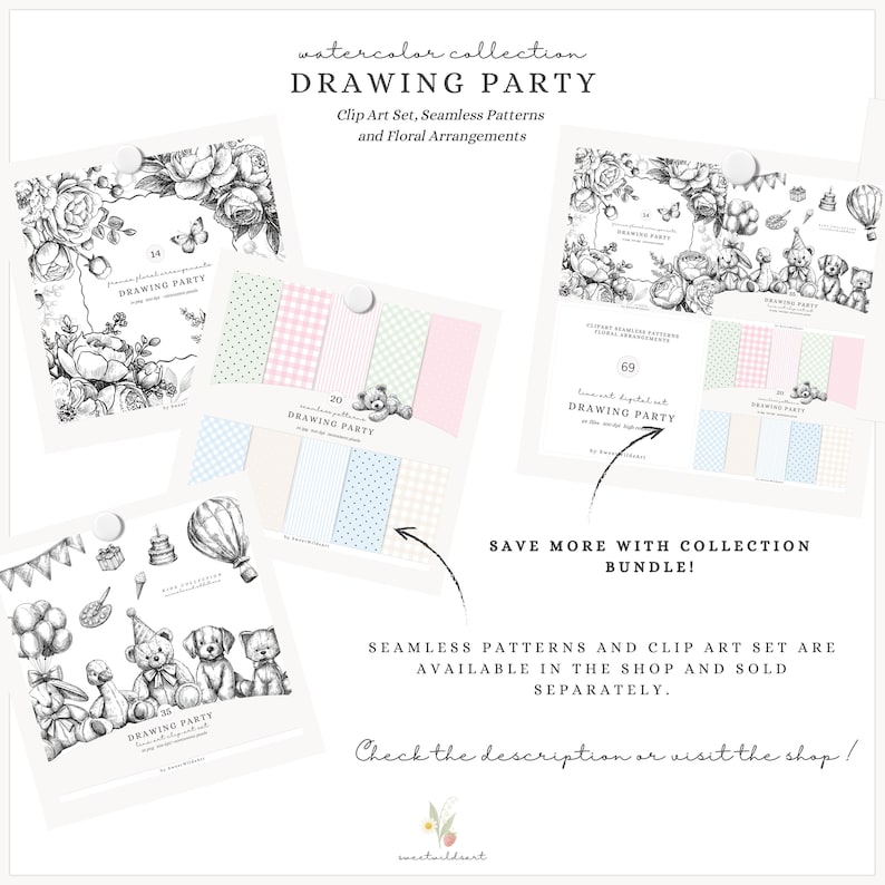 May include: A collection of digital art prints featuring floral arrangements, seamless patterns, and clip art. The prints include various designs, such as roses, butterflies, teddy bears, and balloons. The text on the prints reads "DRAWING PARTY".