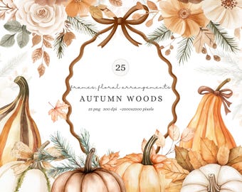 Watercolor Autumn Floral Clipart, Fall Pumpkins, Leaves (Digital Download)