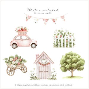 May include: A set of watercolour illustrations featuring a pink car with a basket of strawberries on top, a white picket fence with strawberry plants, a pink cottage with a heart-shaped window, a wheelbarrow filled with strawberries, and a green tree. The illustrations are ideal for creating a whimsical and charming design.