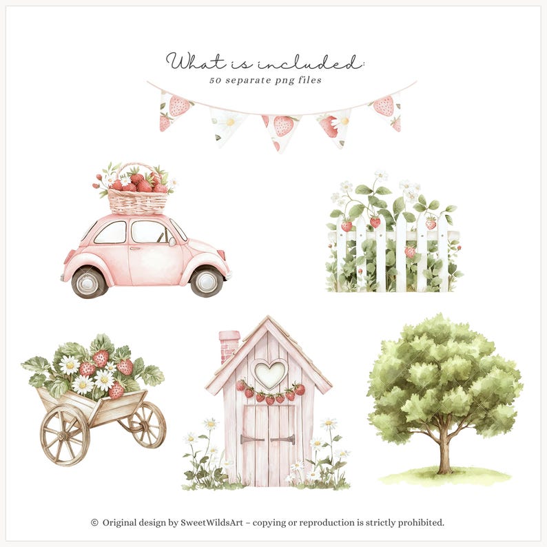 May include: A set of watercolour illustrations featuring a pink car with a basket of strawberries on top, a white picket fence with strawberry plants, a pink cottage with a heart-shaped window, a wheelbarrow filled with strawberries, and a green tree. The illustrations are ideal for creating a whimsical and charming design.