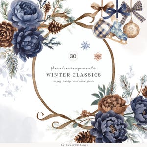 May include: Watercolor floral arrangement with navy blue peonies, brown pinecones, and evergreen branches. The design includes a brown oval frame, decorative bows, and winter-themed ornaments. Text reads "WINTER CLASSICS".