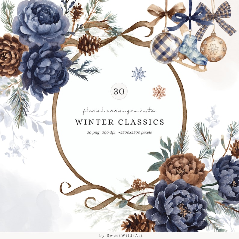 May include: Watercolor floral arrangement with navy blue peonies, brown pinecones, and evergreen branches. The design includes a brown oval frame, decorative bows, and winter-themed ornaments. Text reads "WINTER CLASSICS".