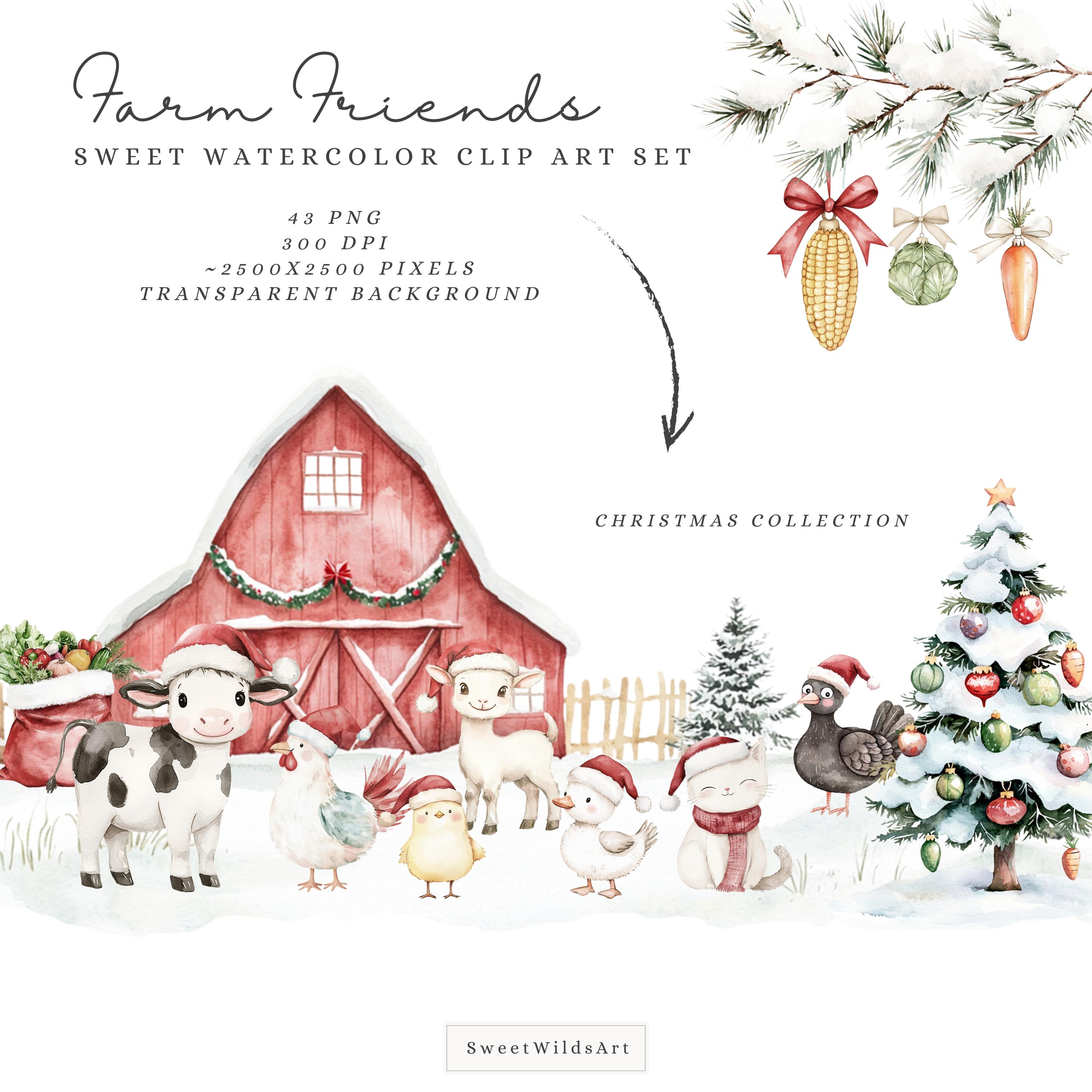 Watercolor Christmas Farm Animals Clipart PNG (digital Download) - Etsy