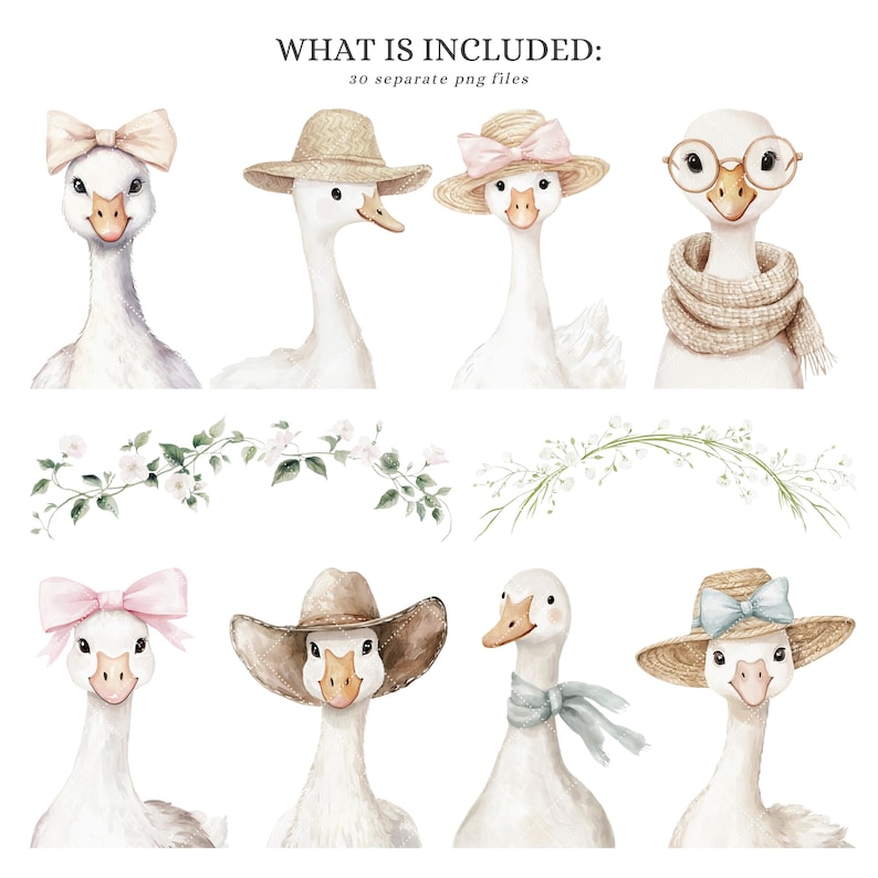 May include: A set of 30 digital illustrations featuring watercolor geese wearing various hats and accessories. The geese are white with pink, brown, and blue accents. The hats include a cowboy hat, a straw hat, and a pink bow. The accessories include a scarf and glasses.