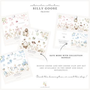 May include: A selection of watercolour clip art sets showcasing playful geese. The sets include "Girly Goose", "Rustic Goose", and "Boy Goose" designs, with balloons and floral accents. The text "Silly Goose" is displayed.