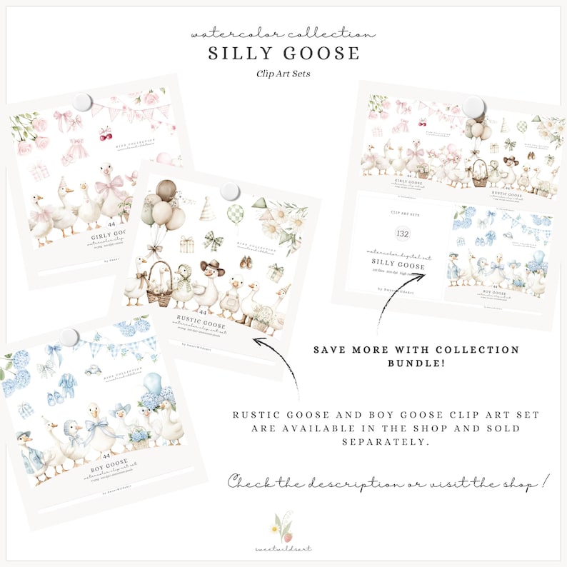 May include: A selection of watercolour clip art sets showcasing playful geese. The sets include "Girly Goose", "Rustic Goose", and "Boy Goose" designs, with balloons and floral accents. The text "Silly Goose" is displayed.