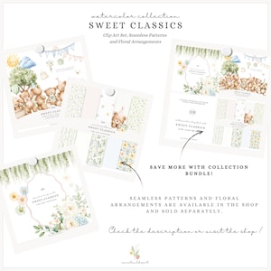 May include: A collection of watercolor clip art sets, seamless patterns, and floral arrangements. The image features several designs with teddy bears, flowers, and pastel colors. Text includes "Sweet Classics" and "Save more with collection bundle!"