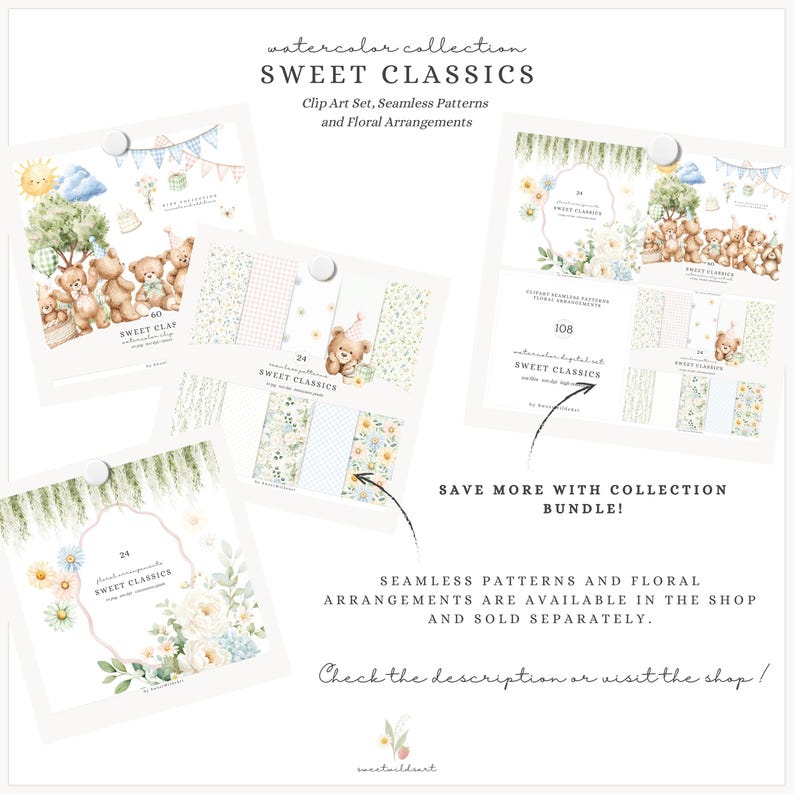May include: A collection of watercolor clip art sets, seamless patterns, and floral arrangements. The image features several designs with teddy bears, flowers, and pastel colors. Text includes "Sweet Classics" and "Save more with collection bundle!"