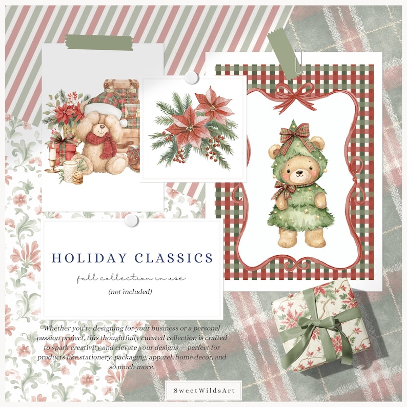 K&ouml;nnte beinhalten: Eine Collage mit weihnachtlichen Illustrationen. Sie enth&auml;lt einen Teddyb&auml;ren mit Weihnachtsm&uuml;tze, Weihnachtsstern, einen B&auml;ren im Baumkost&uuml;m und ein Geschenk. Der Text "HOLIDAY CLASSICS" wird zusammen mit dem Text "Sweet WildsArt" angezeigt.