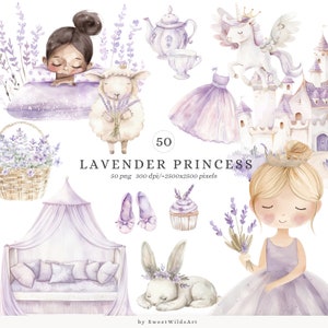 Aquarel prinses clipart, lavendel prinses illustraties, Unicorn clipart, pony, clipart voor kinderen, schattige meisjes png, digitale download