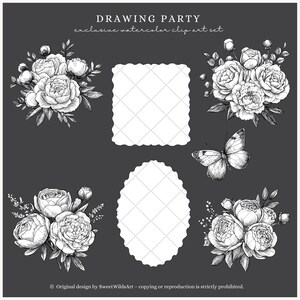 May include: A monochrome watercolour clip art set featuring floral bouquets, a butterfly, and two decorative frames with a diamond pattern. The text "DRAWING PARTY" and "exclusive watercolor clip art set" are at the top.