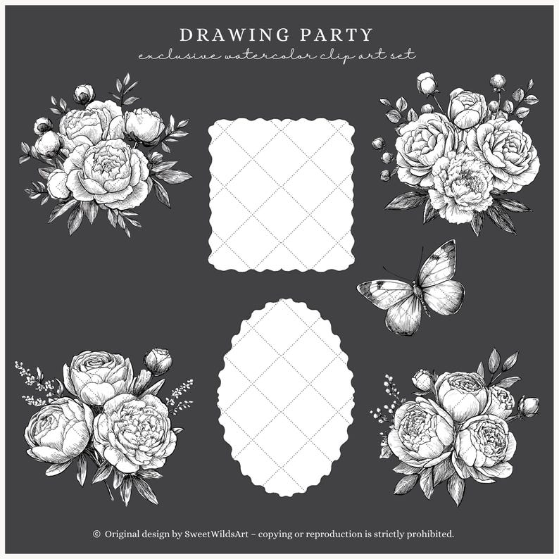 May include: A monochrome watercolour clip art set featuring floral bouquets, a butterfly, and two decorative frames with a diamond pattern. The text "DRAWING PARTY" and "exclusive watercolor clip art set" are at the top.