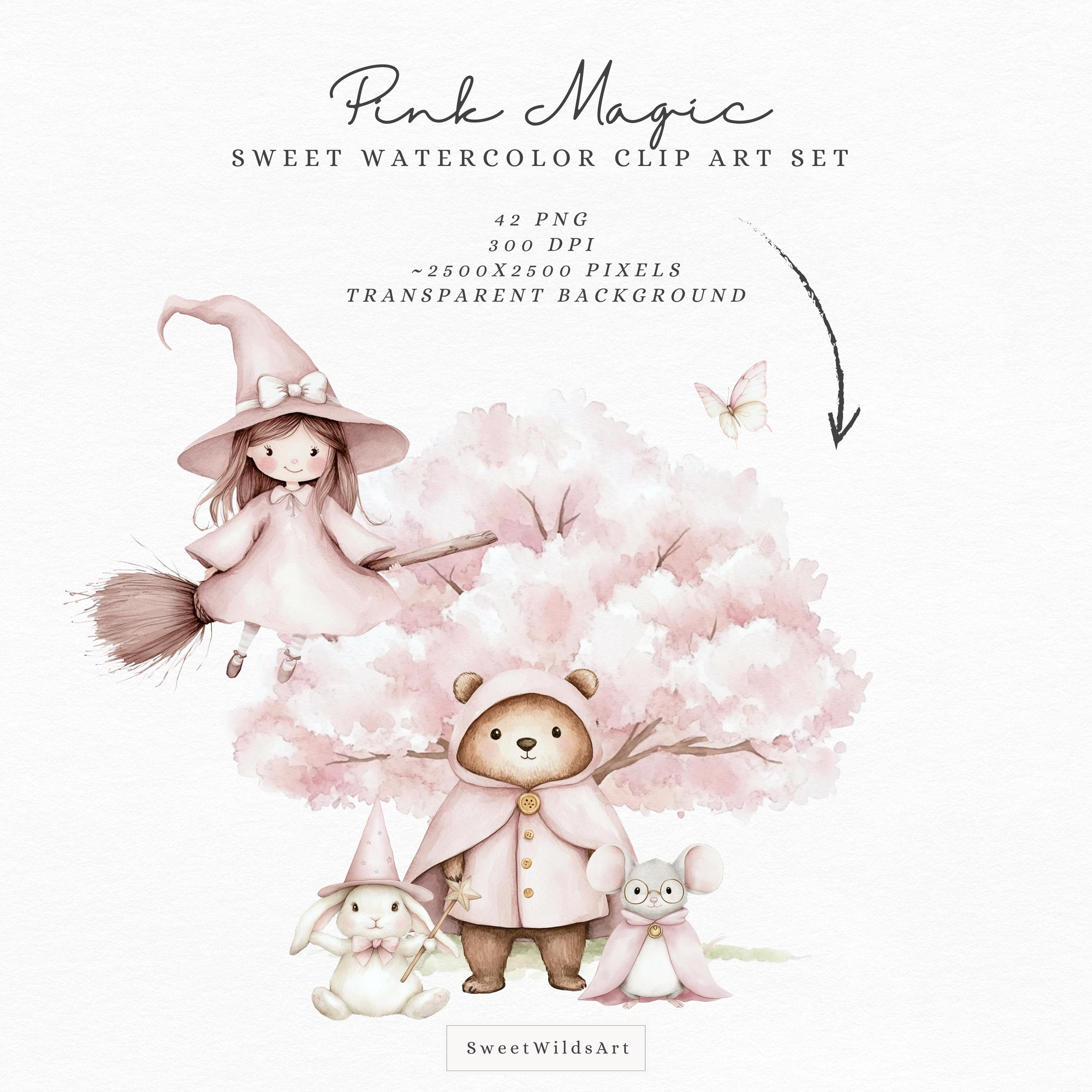 Pink Wizard Watercolor Pink Magic Animal Clipart, Wizard School PNG (digital ...