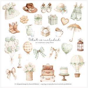May include: Watercolor illustrations of baby clothes, accessories, and gifts in soft pastel colors. Includes a dress, hat, shoes, balloons, bows, and a hot air balloon. The text reads "What is included 60 separate png files."