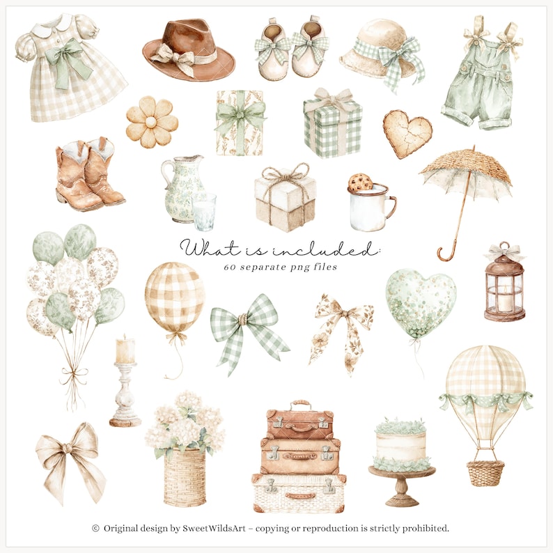 May include: Watercolor illustrations of baby clothes, accessories, and gifts in soft pastel colors. Includes a dress, hat, shoes, balloons, bows, and a hot air balloon. The text reads "What is included 60 separate png files."