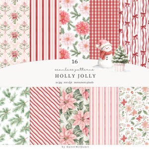 May include: A selection of 16 Christmas-themed seamless patterns. The designs feature poinsettias, stripes, and a snowman. The colour scheme is predominantly red, pink, and green. The text reads "HOLLY JOLLY".