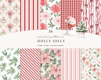 Watercolor Holly Jolly Christmas  Seamless Patterns, Festive Patterns, Pink and red Stripes JPG, Holiday Backgrounds,Winter Digital Download
