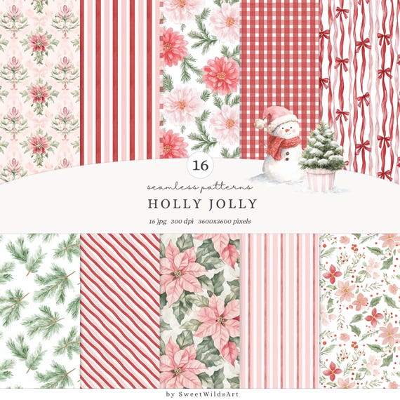 Watercolor Holly Jolly Christmas  Seamless Patterns, Festive Patterns, Pink and red Stripes JPG, Holiday Backgrounds,Winter Digital Download