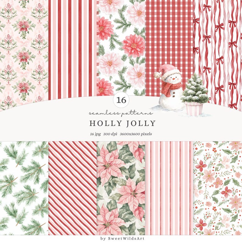 May include: A collection of 16 seamless patterns with a Christmas theme. The patterns include poinsettias, stripes, and a snowman. The color palette is primarily red, pink, and green. The text reads "HOLLY JOLLY".