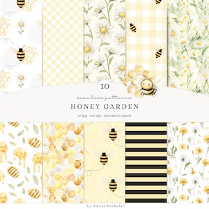 May include: A set of 10 digital seamless patterns featuring watercolor illustrations of bees, honeycombs, and daisies. The patterns are perfect for crafting, scrapbooking, and digital design projects.  The text "10 seamless patterns HONEY GARDEN 10 jpg 300 dpi 3600x3600 pixels" is included in the image.