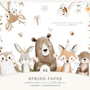 Può includere: Illustrazione ad acquerello con animali del bosco, tra cui un orso, una volpe, un gufo, un coniglio e una lontra, circondati da elementi floreali. L'immagine include il testo "SPRING FACES watercolor mini collection".