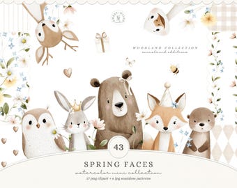 Watercolor Woodland Animals Clipart, Spring Forest Creatures, Baby Nursery PNG (Digital Download)