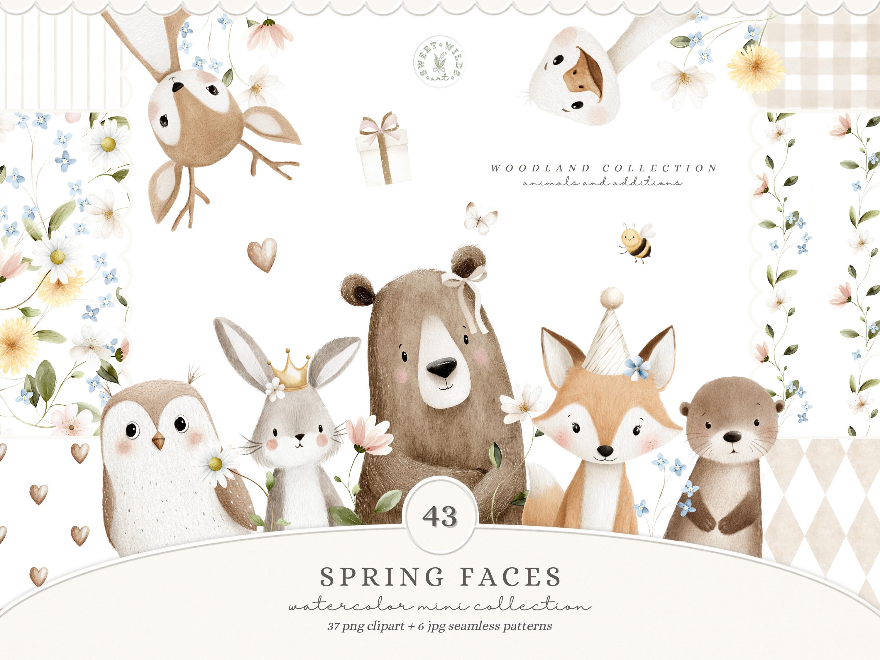 Spring Animal Faces Watercolor Spring Woodland Faces Watercolor Clipart, Spring Forest ...