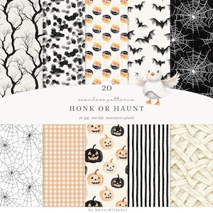 May include: A collection of 20 seamless patterns with a Halloween theme. The patterns include bats, spiderwebs, pumpkins, and candy corn. The image also features a white bird with orange feet and the text "HONK OR HAUNT".