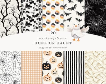 May include: A collection of 20 seamless patterns with a Halloween theme. The patterns include bats, spiderwebs, pumpkins, and candy corn. The image also features a white bird with orange feet and the text "HONK OR HAUNT".