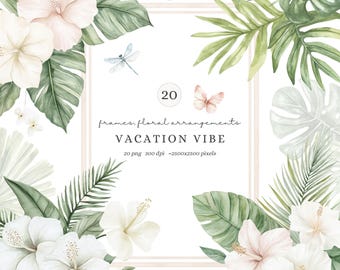 Watercolor Vacation Vibe Floral Arrangements Clipart, Summer Tropical Floral, Vacation Flowers PNG, Hibiscus, Pal Leaves, Digital Download