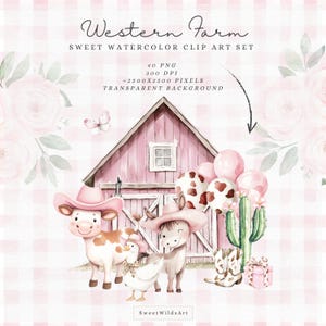May include: Watercolor clip art set featuring a pink barn, a cow, a donkey, a duck, a cactus, and balloons. The animals are wearing cowboy hats and the barn has a window. The background is a pink and white gingham pattern.