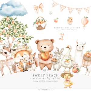 Aquarelle douce pêche Clipart, clipart animaux mignons, anniversaire pêche, pique-nique d'été, bébés animaux, chambre de bébé pastel, téléchargement numérique
