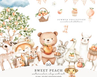 Watercolor Sweet Peach Clipart, Cute Animals Clipart, Peach Birthday, Summer Picnic, Baby Animals, Pastel Nursery, Digital Download