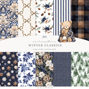 Puede incluir: Una colección de 20 patrones sin costuras con temática invernal. Los diseños incluyen patrones florales, a cuadros y de copos de nieve en tonos azules, marrones y blancos. También se presenta un oso de peluche con una linterna. El texto dice "WINTER CLASSICS".