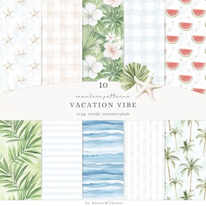 Motivi senza soluzione di continuità con atmosfera vacanziera ad acquerello, carta digitale per spiaggia tropicale, motivi per baby shower sull'oceano, carta per album estivi, carte digitali