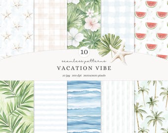 May include: A set of 10 digital seamless patterns featuring watercolor illustrations of tropical leaves, flowers, palm trees, watermelons, stars, and stripes. The patterns are perfect for creating digital or printed designs for scrapbooking, invitations, stationery, and more.