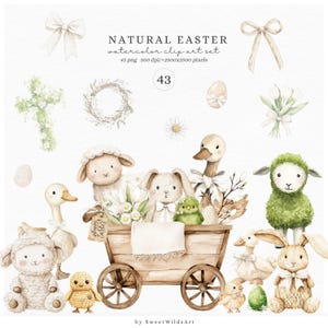 Aquarelle mignon Pâques Clipart, clipart Pâques naturel, lapin, poussin, mouton, oeuf de Pâques, fleurs, bébés animaux Png, téléchargement numérique