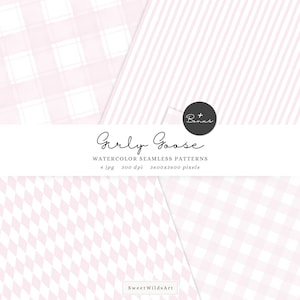 May include: An image showcasing four pink and white watercolour seamless patterns. The designs include stripes, checks, and diamond shapes. The text reads "Girly Goose" and "Watercolor Seamless Patterns".