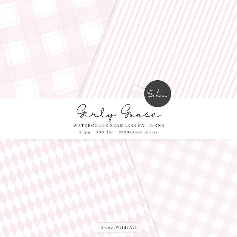 May include: An image showcasing four pink and white watercolour seamless patterns. The designs include stripes, checks, and diamond shapes. The text reads "Girly Goose" and "Watercolor Seamless Patterns".