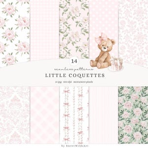 Watercolor Little Coquettes Seamless Patterns, Pink Gingham and Floral Digital Paper, Coquette Scrapbook Patterns, Baby Girl Designs JPG