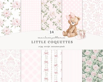 Watercolor Little Coquettes Seamless Patterns, Pink Gingham and Floral Digital Paper, Coquette Scrapbook Patterns, Baby Girl Designs JPG